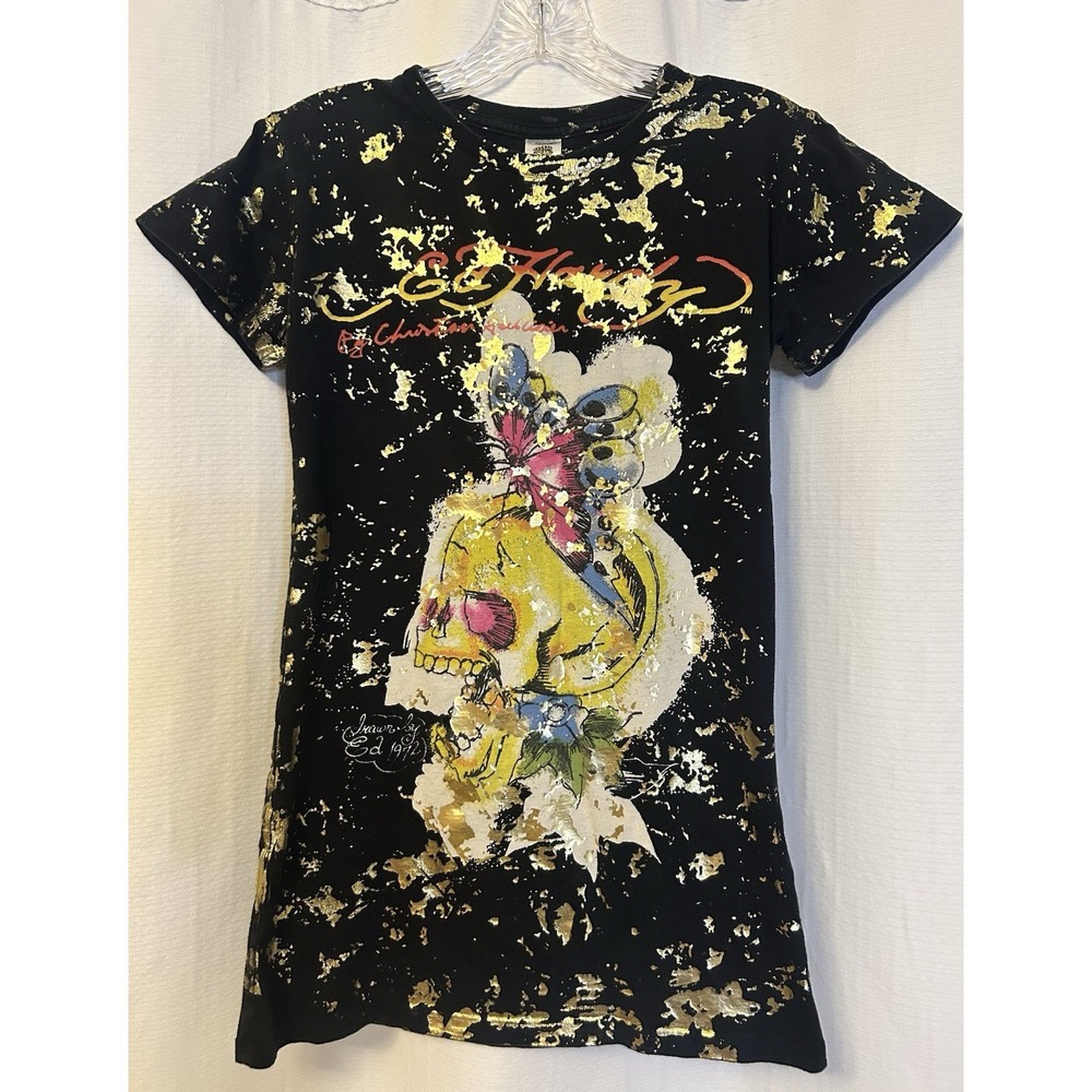 VTG Y2K Ed Hardy Gold Splatter Skull Butterfly Black Graphic T-Shirt Womens S